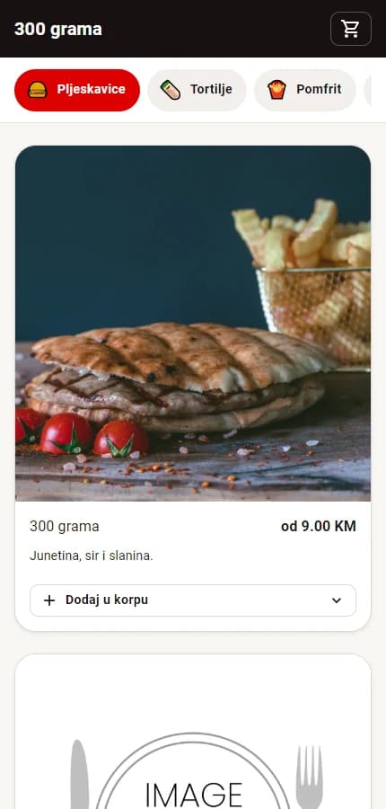 Stvarni mobilni meni restorana na Brzahrana.ba sa fotografijom burgera